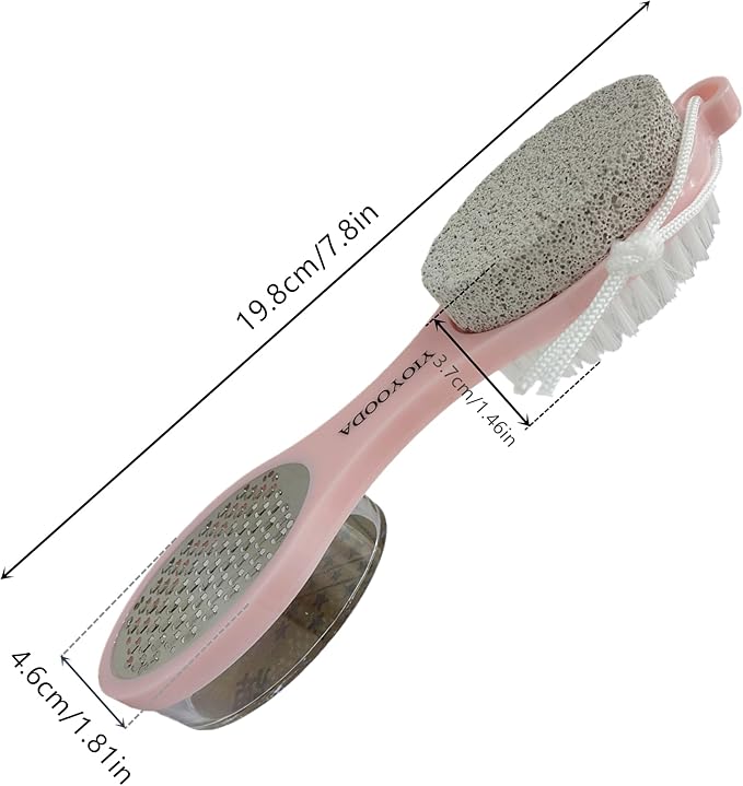YIOYOODA Foot File Callus Remover 5-in-1, 2 Pcs Feet Scraper Pedicure Tools with Pumice Stone, Scrubber Brush, Stainless Steel Foot Rasp and Sand Paper Debris Catcher, Multi Purpose, Pink