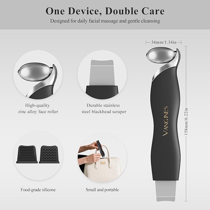Vangines Blackhead Remover Tool with Ice Roller, Stainless Steel Face Scraper, Skin Scrubber Face Spatula for Deep Cleansing, 3-in-1 Skin Care Tool with 2 Silicone Brush Heads (Charcoal Black)