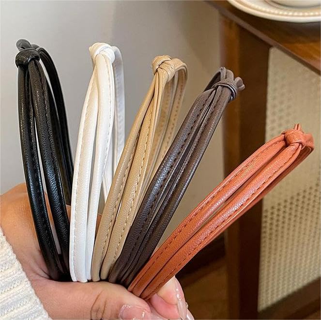 WOVOWOVO 5 Pcs Thin Leather Headbands for Women, Cute Knotted Head Bands for Women’s Hair Womens Headbands Fashion Black Brown White Headband for Womens Hair Accessories