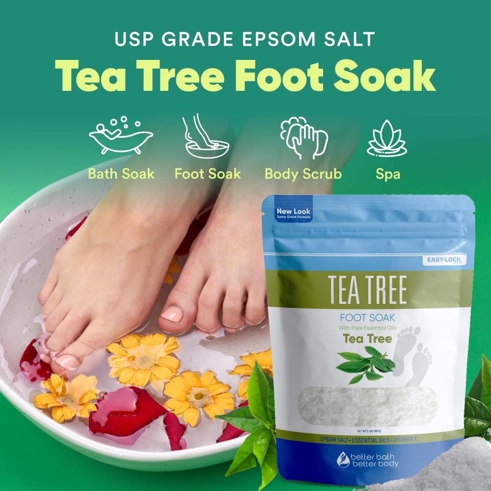 Tea Tree Foot Soak 32 Ounces (2 Lbs) USP Grade Epsom Salt with Natural Tea Tree Essential Oil Plus Vitamin C in BPA Free Pouch with Easy Press Lock Seal Made in USA DIY Home Spa Foot Care