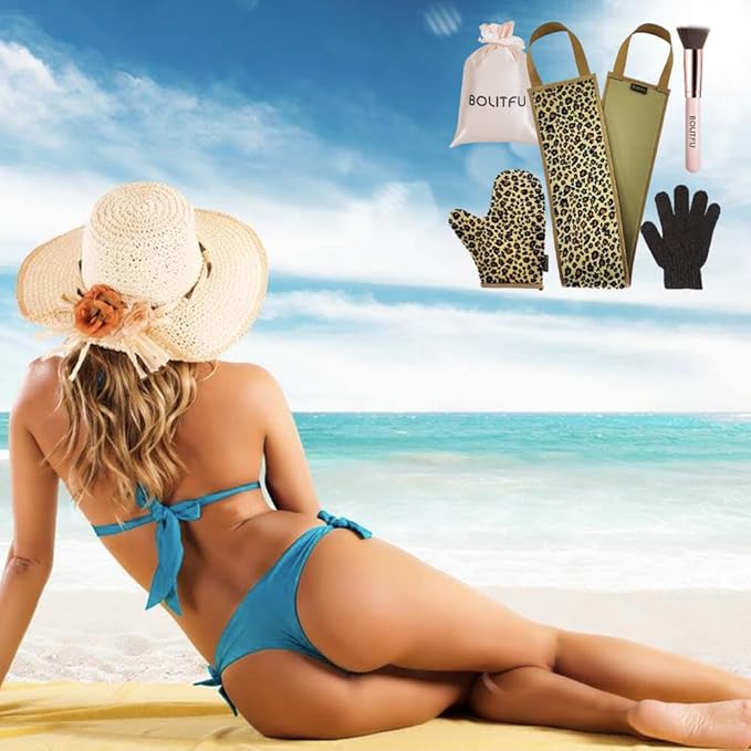 4 Pack Self Tanning Mitt Applicator Kit, with Self Tanner Mitt, Self Tan Back Applicator, Exfoliating Glove, Flat Top Face Tanner Brush, Tan mit for Self Sunless Tanner (leopard)
