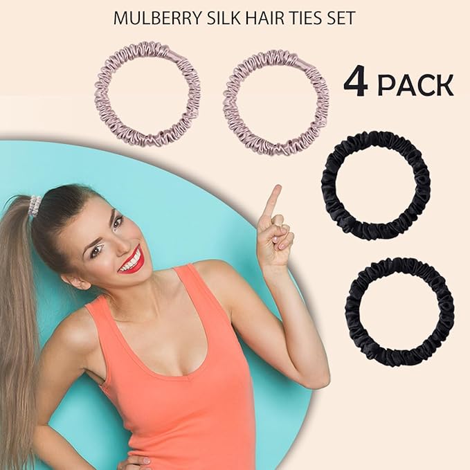 22 Momme Pure Mulberry Silk Scrunchies, Silk Hair Ties Elastics for Hair Sleep, Hair Care and No Damage, 4 PCS (Black*2+Lotus Pink*2)