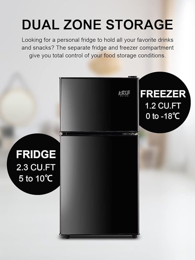 KRIB BLING Mini Fridge With Freezer,3.5 Cu. Ft Compact Refrigerator With 2 Doors,7- Level Adjustable Thermostat, Removable Glass Shelves For Bedroom, Office, Kitchen, Apartment, Dorm, Black