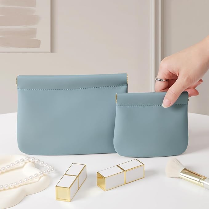 MEIBOOCH 2 Pack Small Makeup Bag for Women, New Organosilicon Super Fiber PU Leather Mini Cosmetic Bag for Travel, Coin Purse Organizer Storage Pouch (No Phrase Printed, Blue)