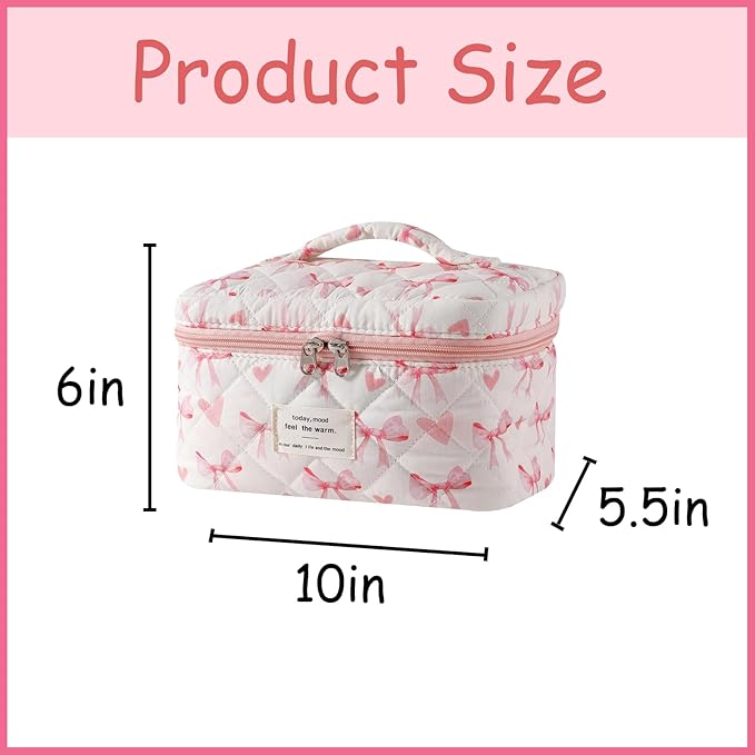 uekeboag Large Travel Quilted Makeup Bag for Women, Floral Cotton Cosmetic Bag, Coquette Aesthetic Floral Toiletry Organizer Bag(15Love Bow