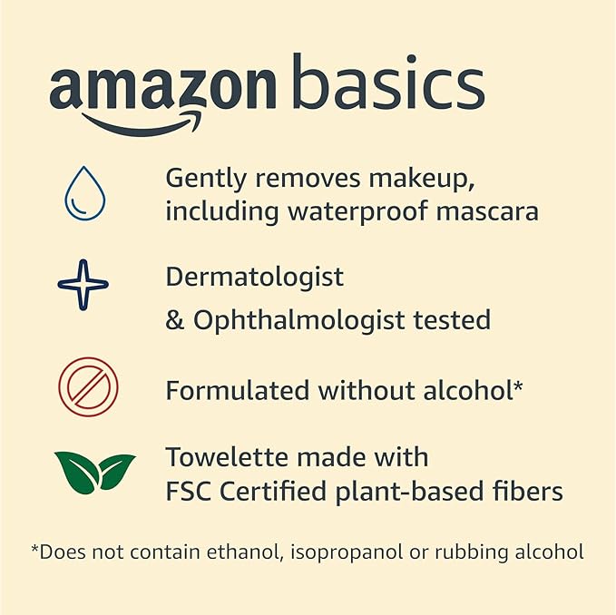 Amazon Basics Makeup Remover Wipes, Gentle Facial Cleansing, Dermatologist Tested, Original, Plant-Based, Alcohol-Free, Removes Waterproof Mascara, 25 Count, 1-Pack
