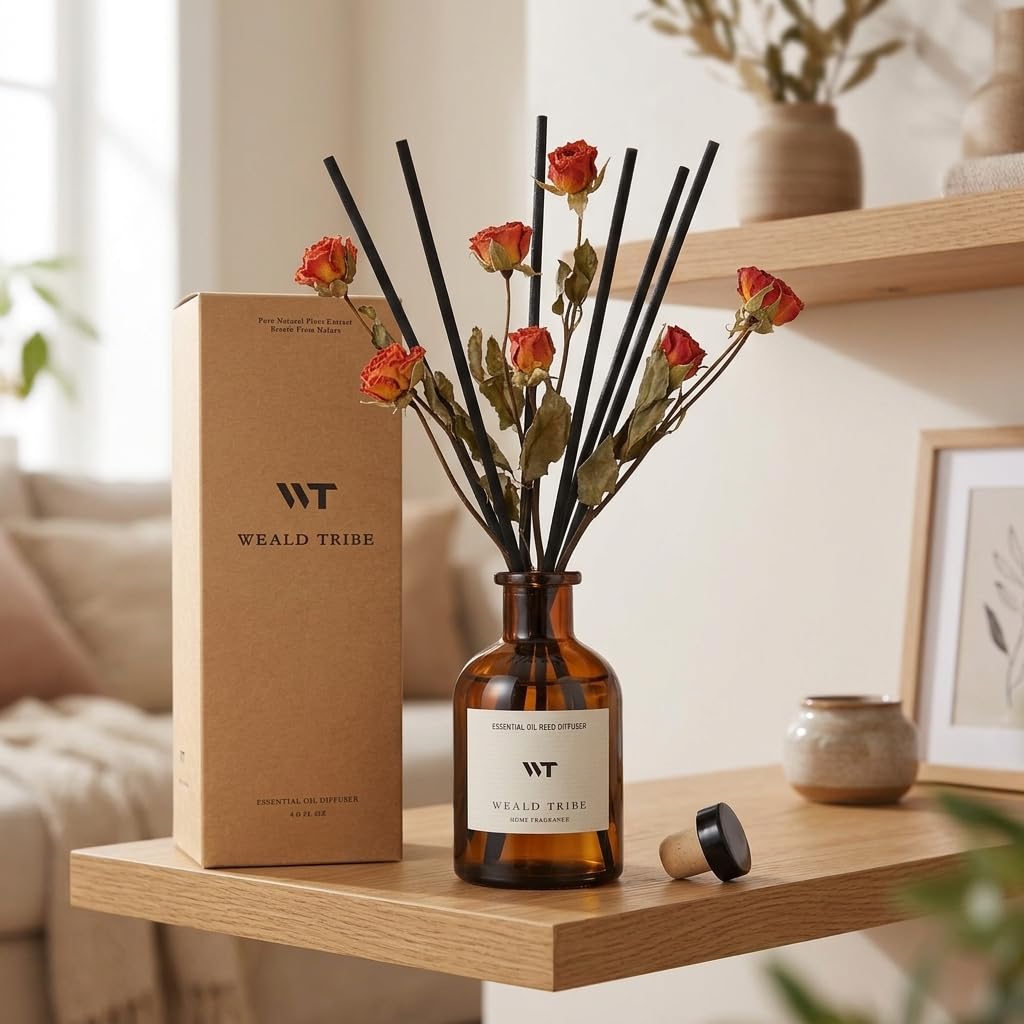 WEALD TRIBE Reed Diffuser Set for Bathroom Air Fresheners, Oil Diffuser Sticks | Sandalwood Rose Scent 4.0 fl oz Home Fragrance with Sticks Defusers | House Bedroom Office Shelf Decor