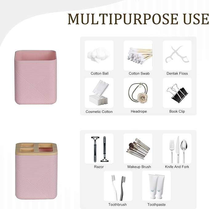 CERBIOR Bamboo Bathroom Accessories Set 6 Piece Bath Ensemble（Pink）