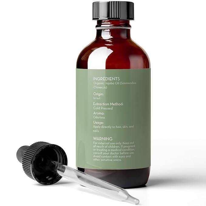 Pure Body Naturals Organic Jojoba Oil, 4 Fl Oz - 100% Pure, Organic, USA-Sourced, Cold Pressed Jojoba Oil for Skin, Face, Nails and Hair - Carrier Oil for Mixing Essential Oils