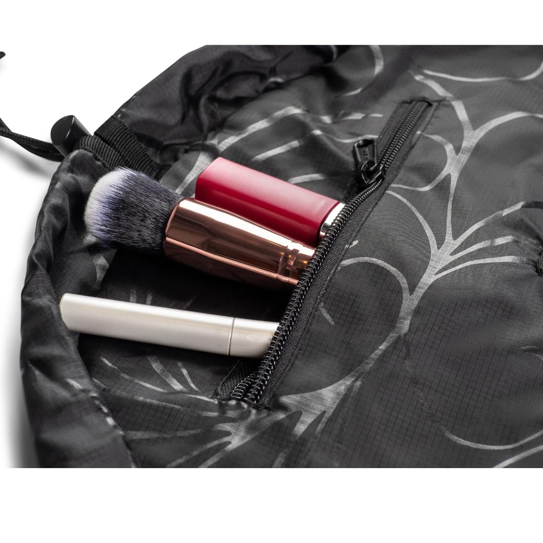 Lay-n-Go Cosmo Layflat Drawstring Cosmetic & Makeup Bag Organizer w/Zipper Pocket, Brush Loops & More, Cinch to Close, Lay Flat to Use, Durable, Machine Wash, Travel Toiletry Bag (16", Black)