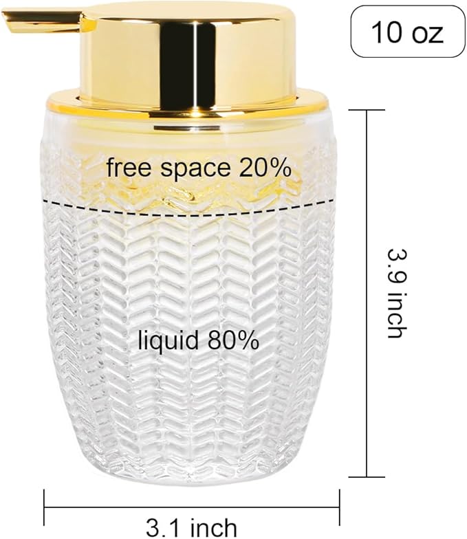 Foaming Soap Dispenser, Glass Foam Hand Soap Dispenser with Pump, 10 Oz Bathroom Refillable Liquid Lotion Pump Creamy Foam Bottle Container for Kitchen Countertop Decor (1, Clear and Gold)
