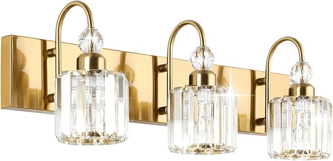 Ralbay Brass Gold Bathroom Vanity Lights 3-Lights Brass Gold Crystal Vanity Lights Over Mirror Modern Crystal Brass Gold Bathroom Vanity Lighting Fixtures