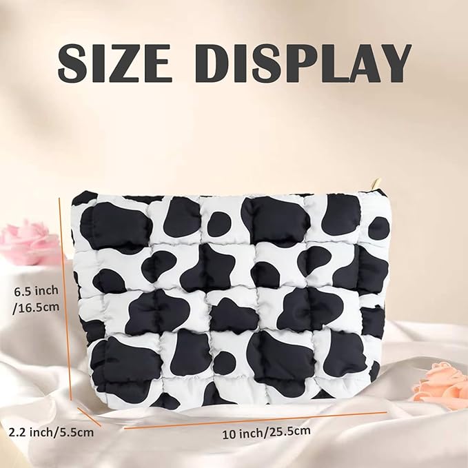 HFLZBRO Puffy Quilted Makeup Bag, Cosmetic Bag, Travel Toiletry Organizer Pouch, Clutch for Women (Cow Print)