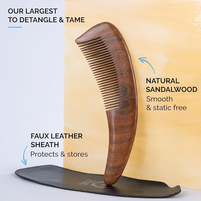 ZEUS Curved Sandalwood Beard Comb for Men in Gift Box with Sheath (M31)