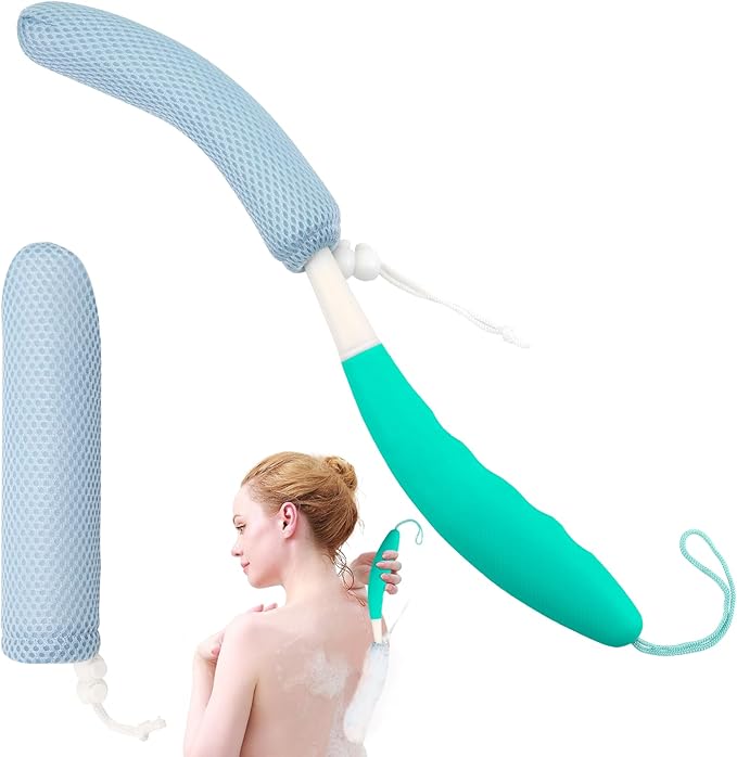 KkaFFe Shower Back Brush with Long Handle, 15.35" Body Brush, Long Handled Sponge Body Exfoliator, Loofah Back Scrubber for Men Women, Aid Bathing