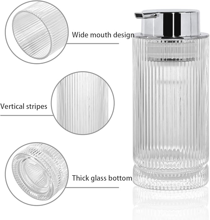 Tonxus 14 Oz Foaming Soap Dispenser, Clear Glass Soap Dispenser, Refillable Foam Pump Bottle Lotion Container with Silver Pump, Decorative Slim Ribbed Bottle for Bathroom and Kitchen Decor