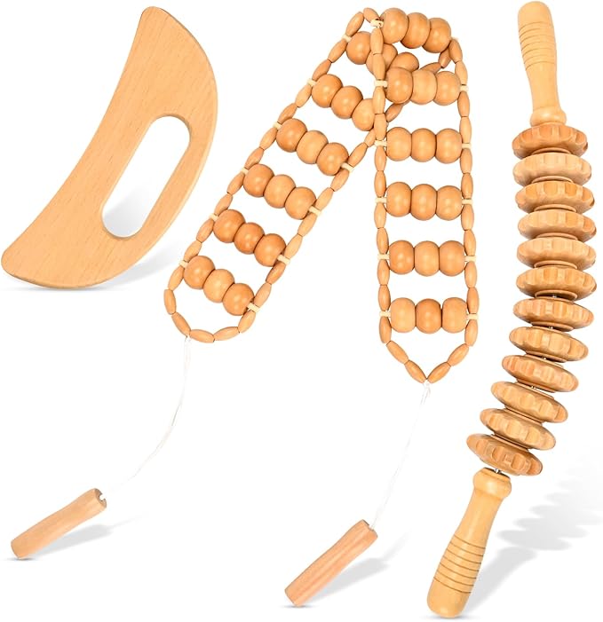 NXCYLW 3-in-1 Wood Therapy Massage Tools Lymphatic Drainage Massager Maderoterapia Kit Wooden Gua Sha Massager Body Sculpting Tools for Muscle Pain Relief, Anti-Cellulite, Body Contouring and Shaping