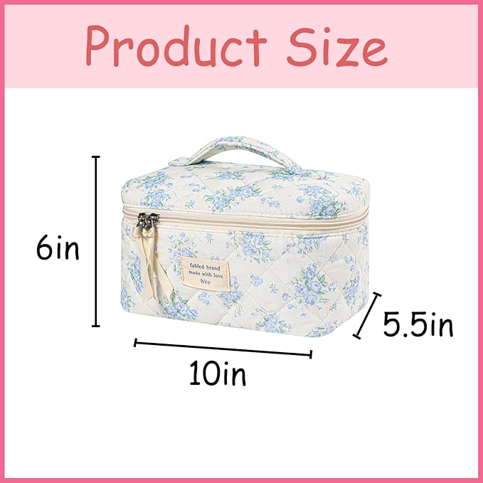 uekeboag Large Travel Quilted Makeup Bag for Women, Floral Cotton Cosmetic Bag, Coquette Aesthetic Floral Toiletry Organizer Bag (06BlueRose)