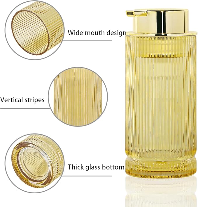Tonxus 14 Oz Foaming Soap Dispenser, Amber Glass Soap Dispenser, Refillable Foam Pump Bottle Lotion Container with Gold Pump, Decorative Slim Ribbed Bottle for Bathroom and Kitchen Decor