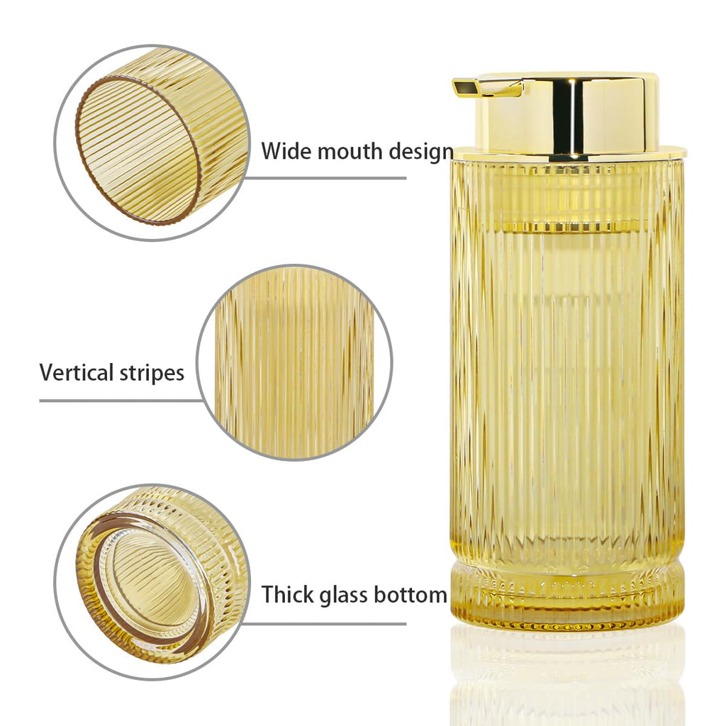 Tonxus 14 Oz Foaming Soap Dispenser, Amber Glass Soap Dispenser, Refillable Foam Pump Bottle Lotion Container with Gold Pump, Decorative Slim Ribbed Bottle for Bathroom and Kitchen Decor