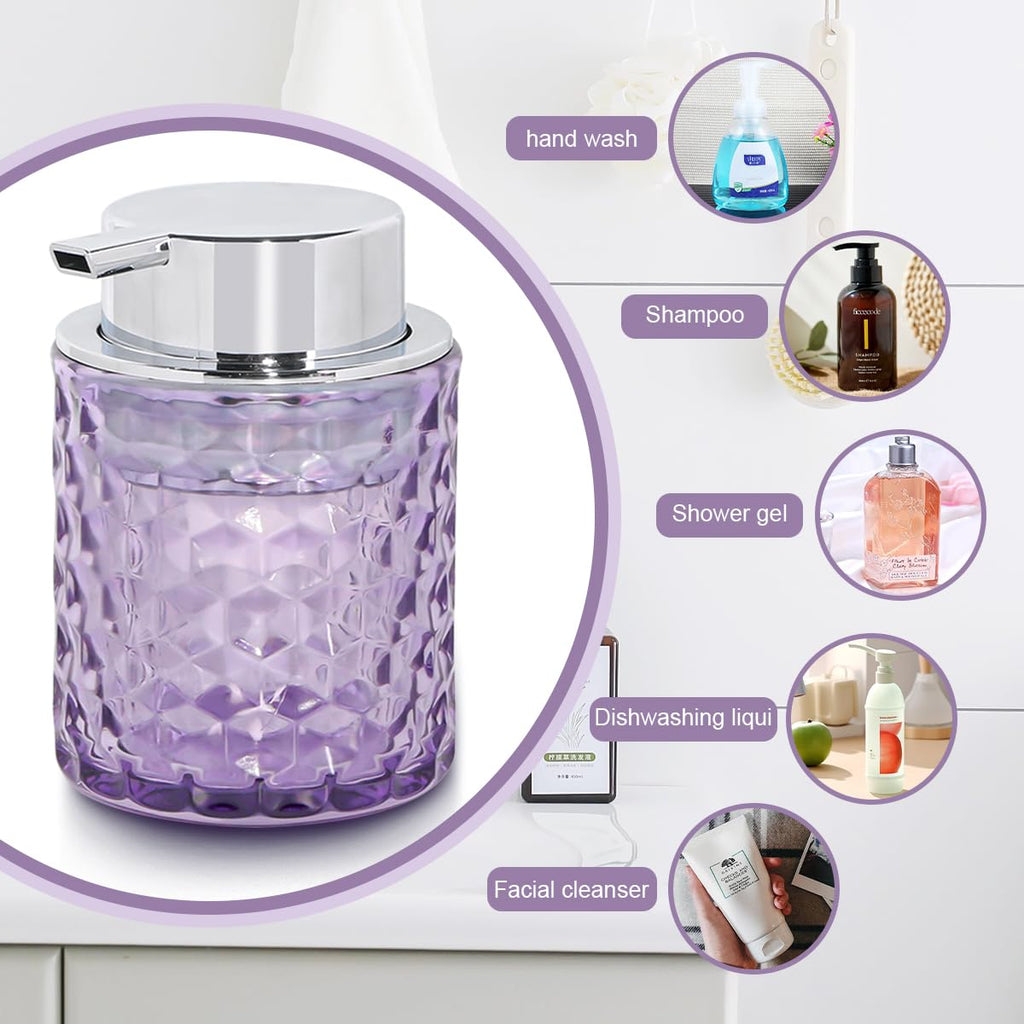 Fvstar 10 Oz Glass Hand Soap Dispenser with Pump, Refillable Bathroom Gold Foaming Soap Dispenser, Vintage Glass Diamond Lotion Container Bottle for Bathroom and Kitchen (1, Purple and Silver)