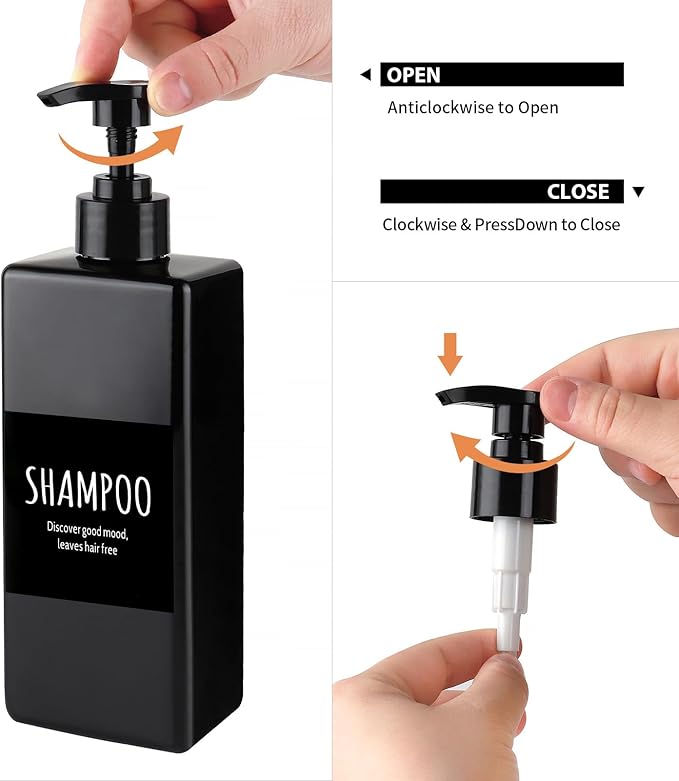 Deroanbot 3 Black Plastic Bottles and Pump - Shower Soap and Shampoo Dispenser - 16.9 oz Reusable Bathroom Bottle