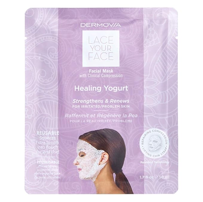 LACE YOUR FACE Patented Compression Facial Mask, AS SEEN ON SHARK TANK, Reusable Biodegradable Cotton Anti Aging Skin Care, Healing Yogurt Milk, Single