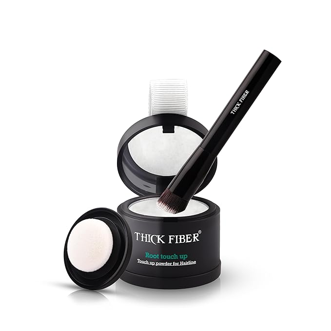 THICK FIBER Root Touch Up and Hair Loss Concealer Set - Water & Sweat Resistant Hairline Powder for Thinning Hair, Women - Includes Brush (White)