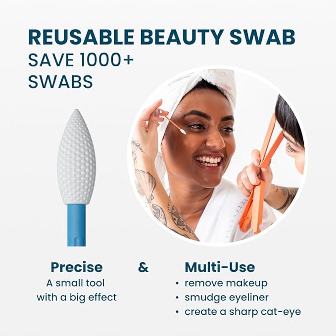 LastSwab Reusable Q-Tips for Makeup - Precision Silicone Cotton Swabs for Eyeliner, Mascara & Touch-Ups - Eco-Friendly Washable Q Tip Alternative - Zero Waste, Travel Case - Blue