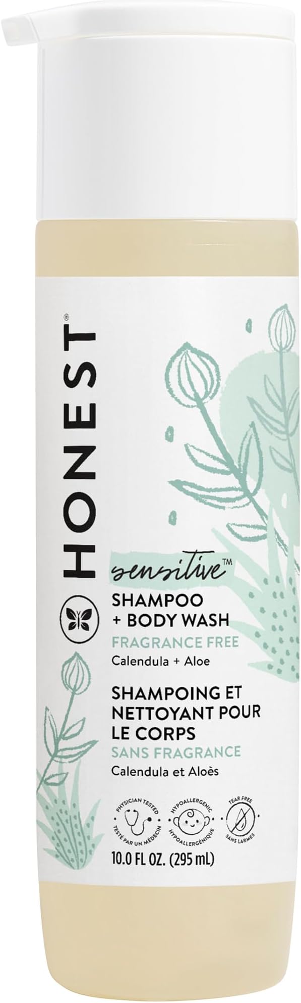 The Honest Company 2-in-1 Cleansing Shampoo and Body Wash for Sensitive Skin, Tear-Free, Hypoallergenic with Naturally Derived Ingredients, Fragrance-Free, 10 fl oz