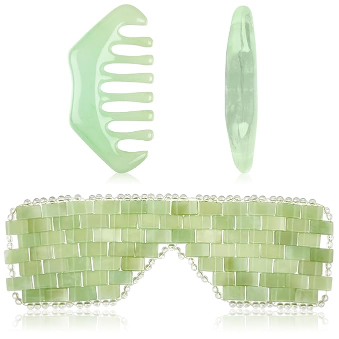 2 Pcs Jade Eye Mask and Hair Comb Set Green Jade Stone Eye Mask White Facial Cooling Set Resin Guasha Scalp Comb Facial Massage Tool for Relax Alleviate Puffiness Esthetician Supply (Classic Color)