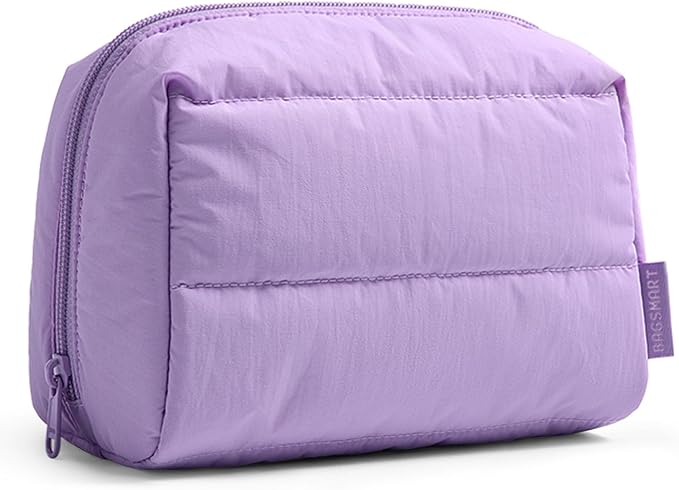 BAGSMART Puffy Makeup Bag, Wide Opening Cosmetic Organizer, Soft Water-Resistant Travel Toiletry Pouch for Women for Purse, Compact & Spacious