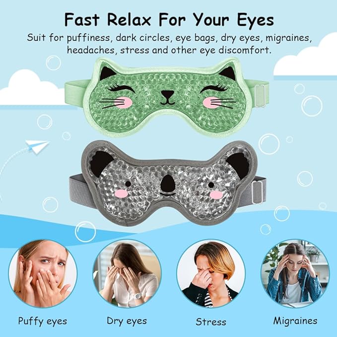 CONBELLA Kids Ice Packs 2 Packs Cooling Eye Mask with Soft Plush Backing for Children Boo Boos Sinus Headache Fever Patch for Kids (Green+Grey)
