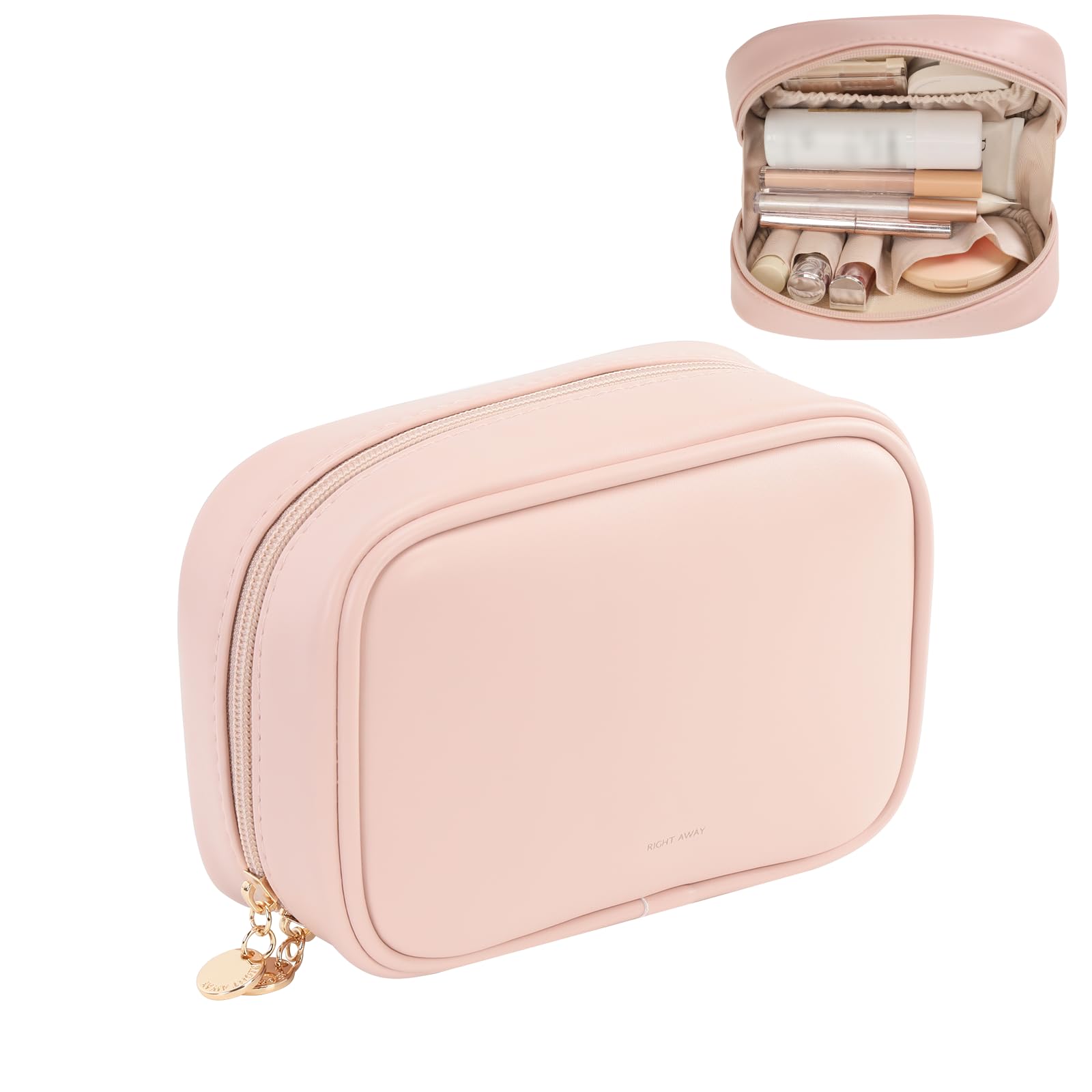 RIGHT AWAY Small Makeup Bag for Purse,Cosmetic Bag Organizer for Women,Waterproof PU Leather Make Up Pouch Toiletry Bag with Pockets,Portable Makeup Case for Travel Accessories&Accessories(Pink)