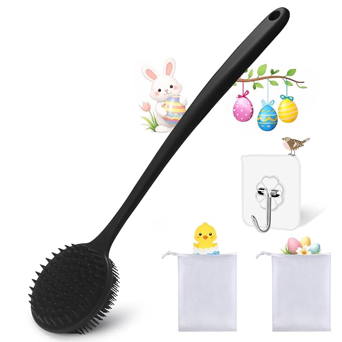 YouthRun Silicone Body Scrubber for Shower Men Women – Dual-Sided Exfoliating & Massage Shower Brush with Long Handle, Creates Rich Lather, Includes 1 Hook & 2 Lather Balls (Black).