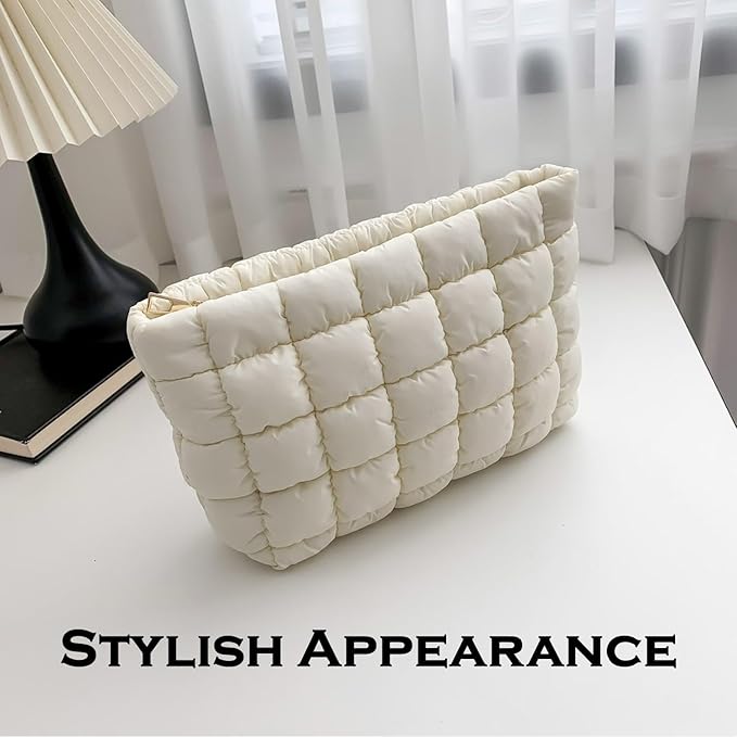 HFLZBRO Puffy Quilted Makeup Bag for Women, Cosmetic Bag, Travel Toiletry Organizer Pouch Clutch (white)