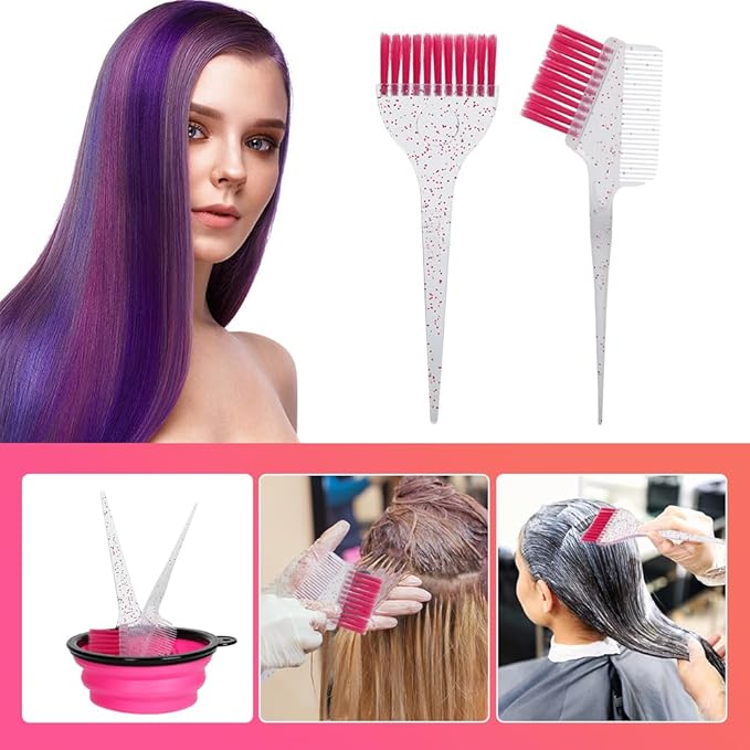 MOONMINI Hair Dye Color Brush and Bowl Set, Color Bowl Brushes Tool Mixing Bowl Kit Tint Comb for Hair Tint Dying Coloring Applicator (Pink&Clear)