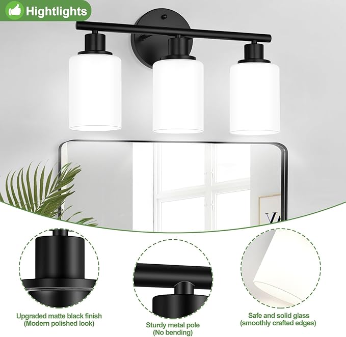 Zarbitta 3-Light Bathroom Light Fixtures, Black Modern Vanity Lights with Milky White Frosted Glass Shades, Bathroom Wall Lamp for Mirror Kitchen Living Room Hallway Cabinet Porch