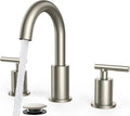 FORIOUS Brushed Nickel Bathroom Faucet 3 Hole with Metal Pop Up Drain and 24" Supply Hose, 2 Handle 8 Inch Widespread 3 Hole Vanity Faucet for Bathroom Sink Brush Nickel with 360° Swivel Spout