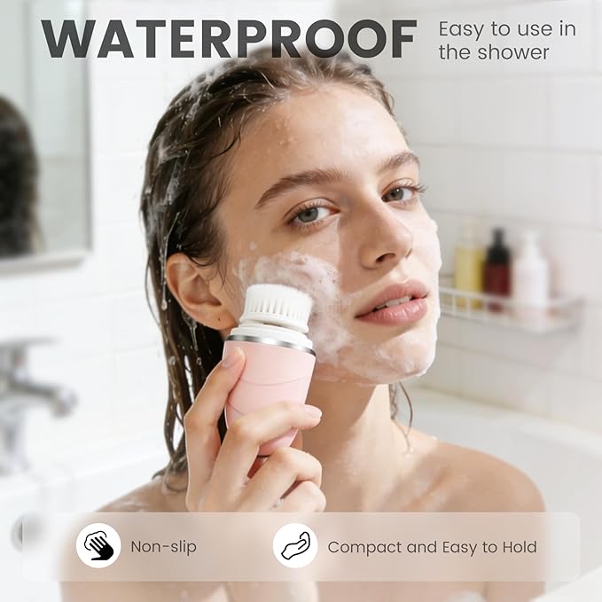 DOCOCO Facial Cleansing Brush, Mini Electric Face Scrubber, Waterproof Face Exfoliator Brush for Deep Cleansing, Portable Face Wash Brush for Travel, Easy to Carry, with 3 Brushheads for Women Mom Men