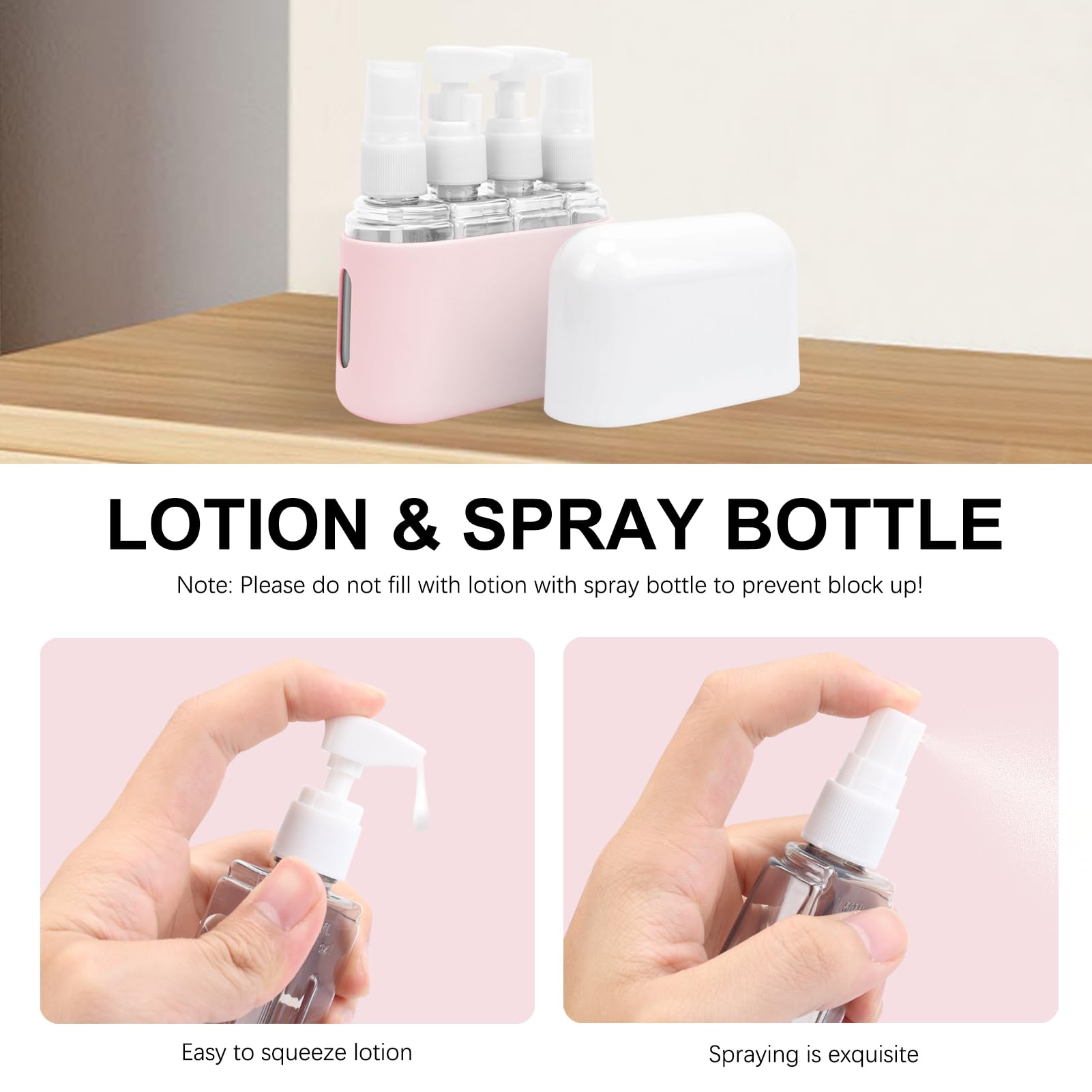 Skycase Travel Bottles - Leak Proof Refillable Tsa Approved Travel Size Toiletries, 4 in 1 Liquid Bottles Containers with Labels and Funnel Airplane Accessories Kits for Lotion Liquid (Pink)