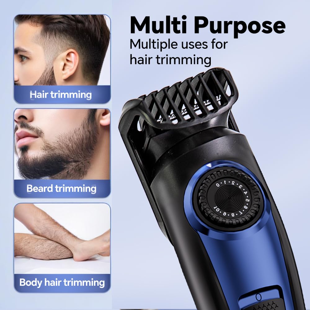 Electric Beard Trimmer for Men Professional Adjustable Length and Hair Clipper, Men's Beard Mustache Trimming and Body Hair Trimmer, Cordless Digital Display and Rechargeable USB Type-c Charger (Blue)