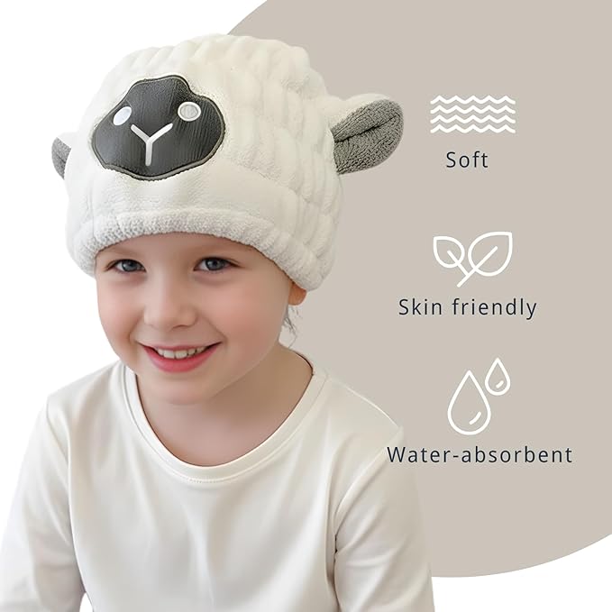 LCBD Microfiber Hair Towel Wrap for Kids, White Sheep Dry Hair Cap Suck Water, Absorbent Quick Girls Boys Hair Drying Towel, Lightweight Bouncy Hat Headscarf