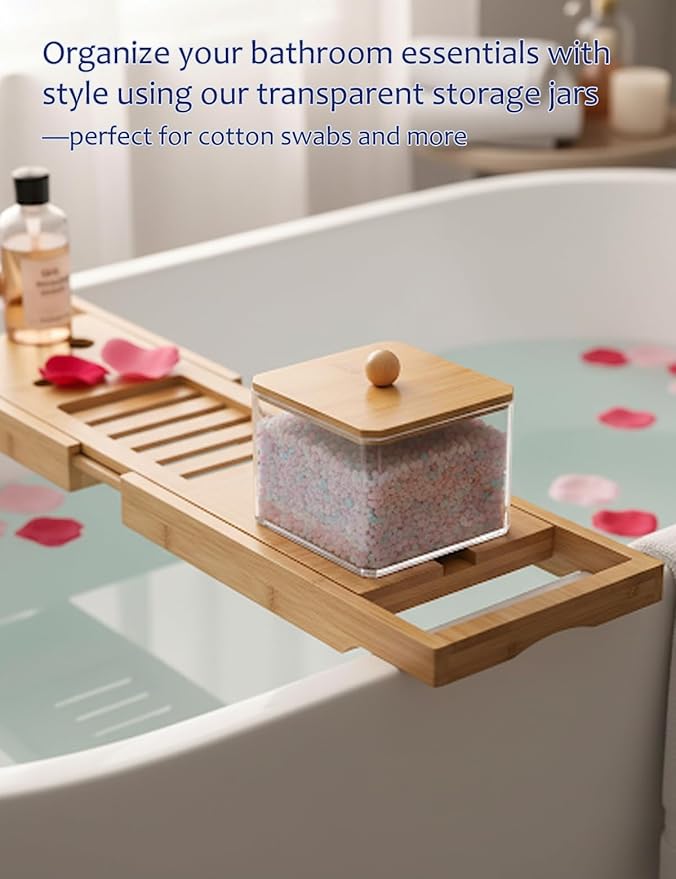 Cotton Swab Holder with Bamboo Lid, Clear PS Plastic Qtip Container, Single Layer Bathroom Countertop Organizer for Cotton Balls & Pads, Vanity Storage, Dorm Room Essentials, Small Space Decor