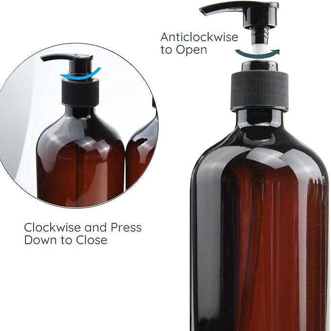 Empty Plastic Bottles with Pump Dispenser, 500ml/16.9oz (Amber, 6 Pack)