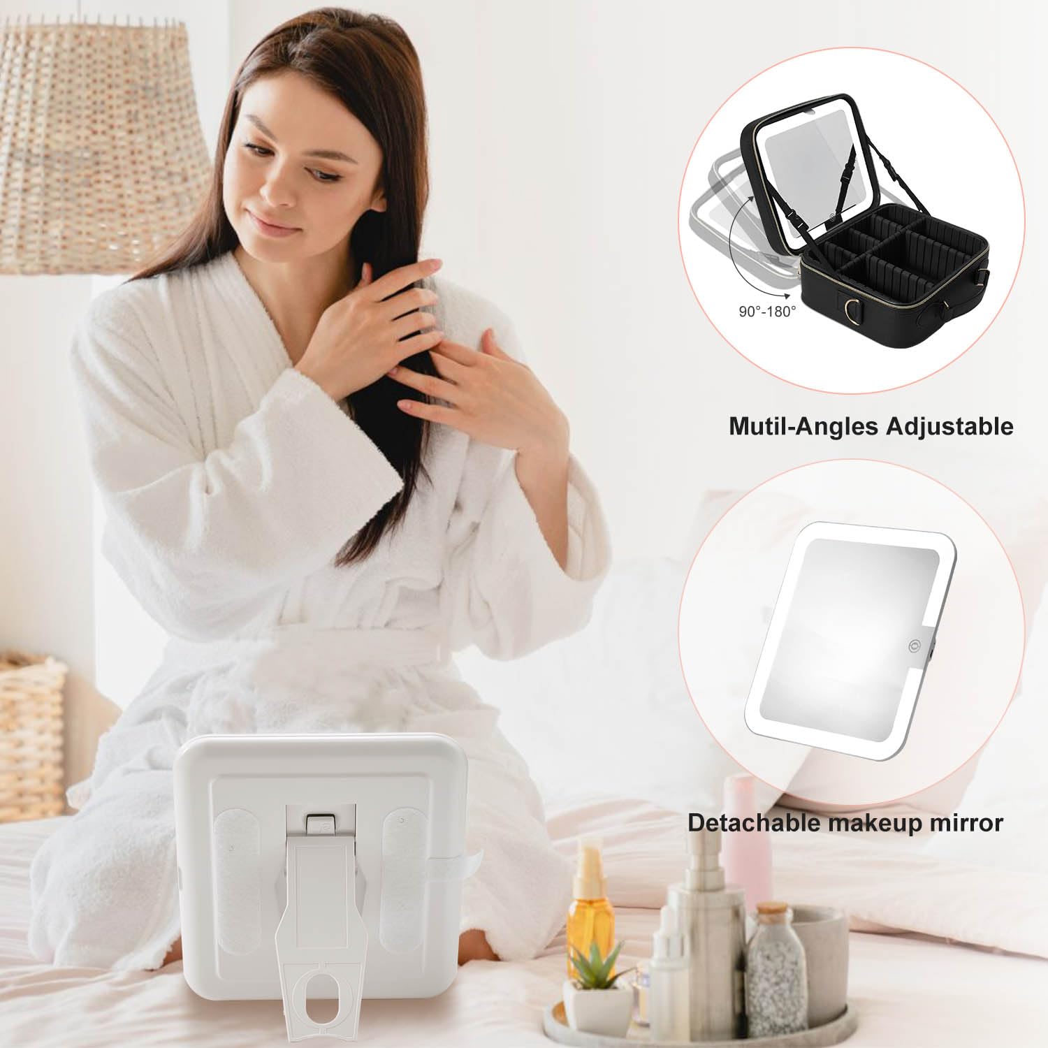 Mocado Travel Makeup Bag with LED Lighted Mirror,Travel Makeup Organizer,Makeup Case with 8 Makeup Brushes and 10x Magnifying Mirror,3 Colors Lighting, Adjustable Dividers Makeup Box(Black)