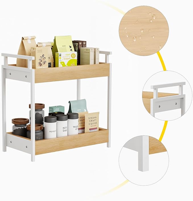KLM Countertop Coffee Station Organizer, 2 Tier Wooden Shelf for Coffee Bar Accessories, Condiment Storage Caddy for Kitchen, Bathroom Counter Organizer, Home, Office - Natural