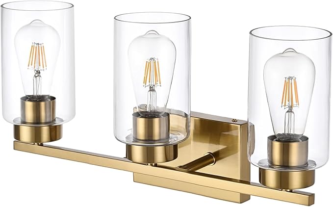 A1A9 3-Light Bathroom Vanity Light, Modern Brushed Gold Wall Lights with Clear Glass Shades, Bathroom Wall Sconce Lamp for Mirror Living Room Bedroom Hallway