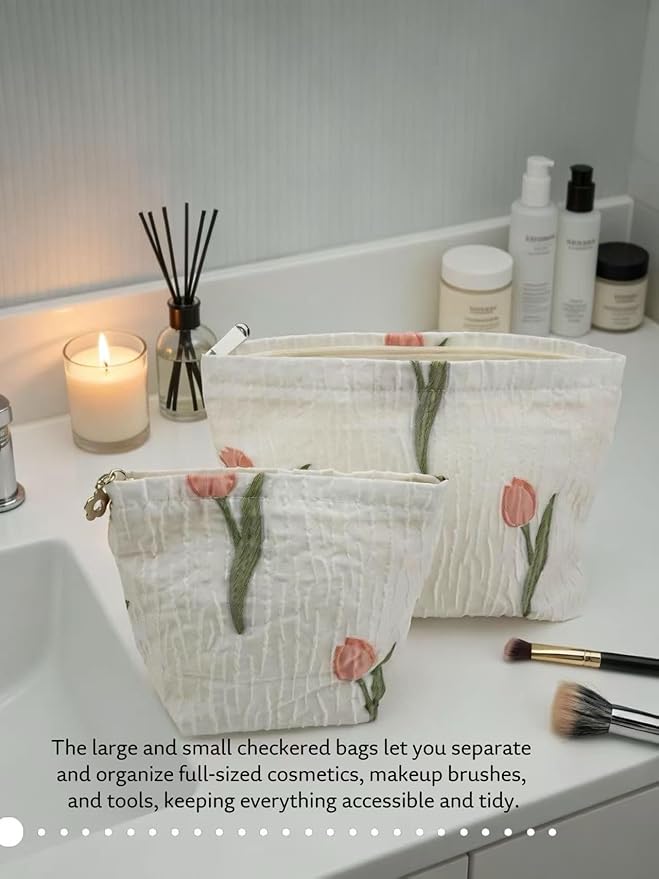 RIKMOXR 2-Pack Tulip Print Makeup Bag Set - White Fabric Cosmetic Organizer Pouches (1 Large + 1 Small) for Daily & Travel Use