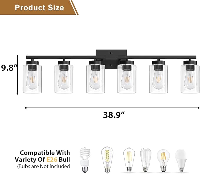 IZORRO Modern Bathroom Light Fixtures, 6 Light Black Vanity Lights, Bathroom Lighting Fixtures Over Mirror with Clear Glass for Living Room Cabinet Bedroom